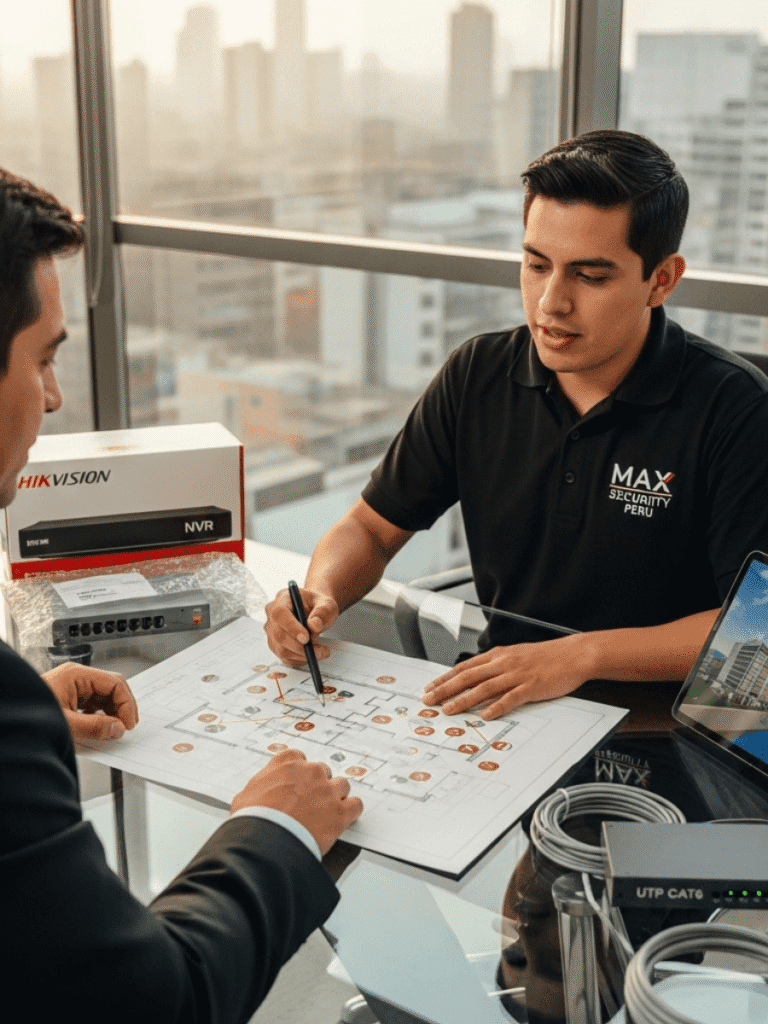 Solución Integral Videovigilancia Lima — Max Security Perú solucion completa videovigilancia camaras IP NVR switch PoE Mikrotik UPS Lima