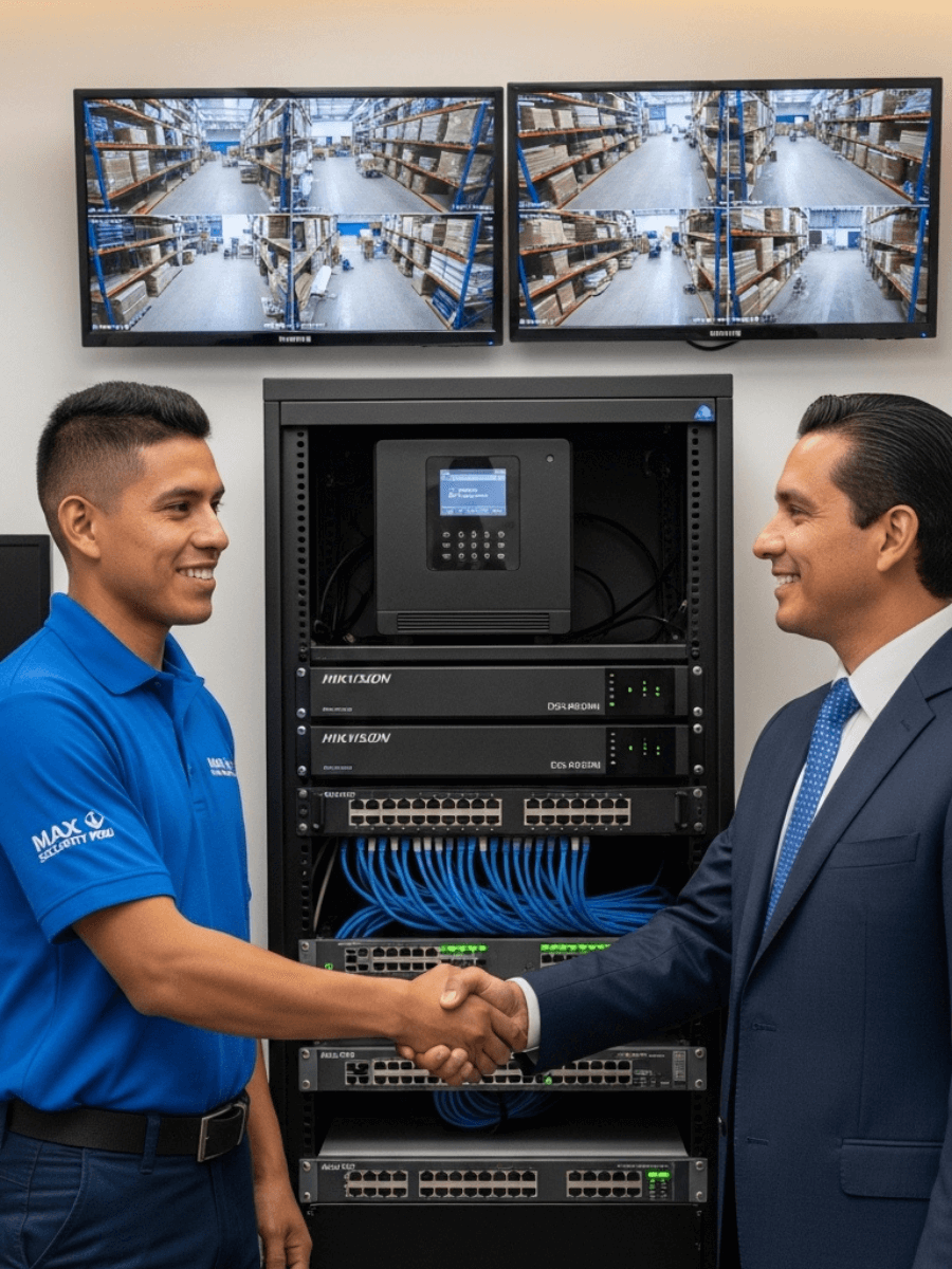 Técnico Max Security Peru configurando red empresarial para videovigilancia en Lima