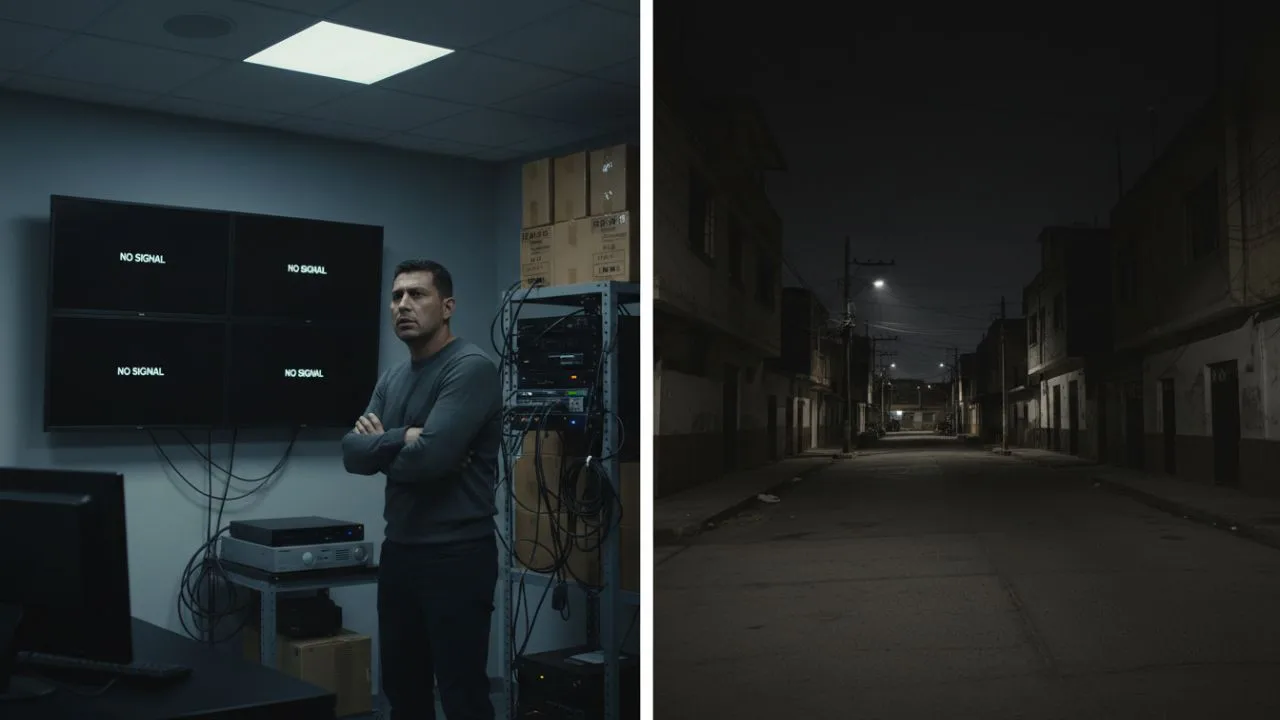 Cámaras de seguridad mostrando sin señal durante un corte de luz nocturno mientras la calle queda a oscuras y sin vigilancia