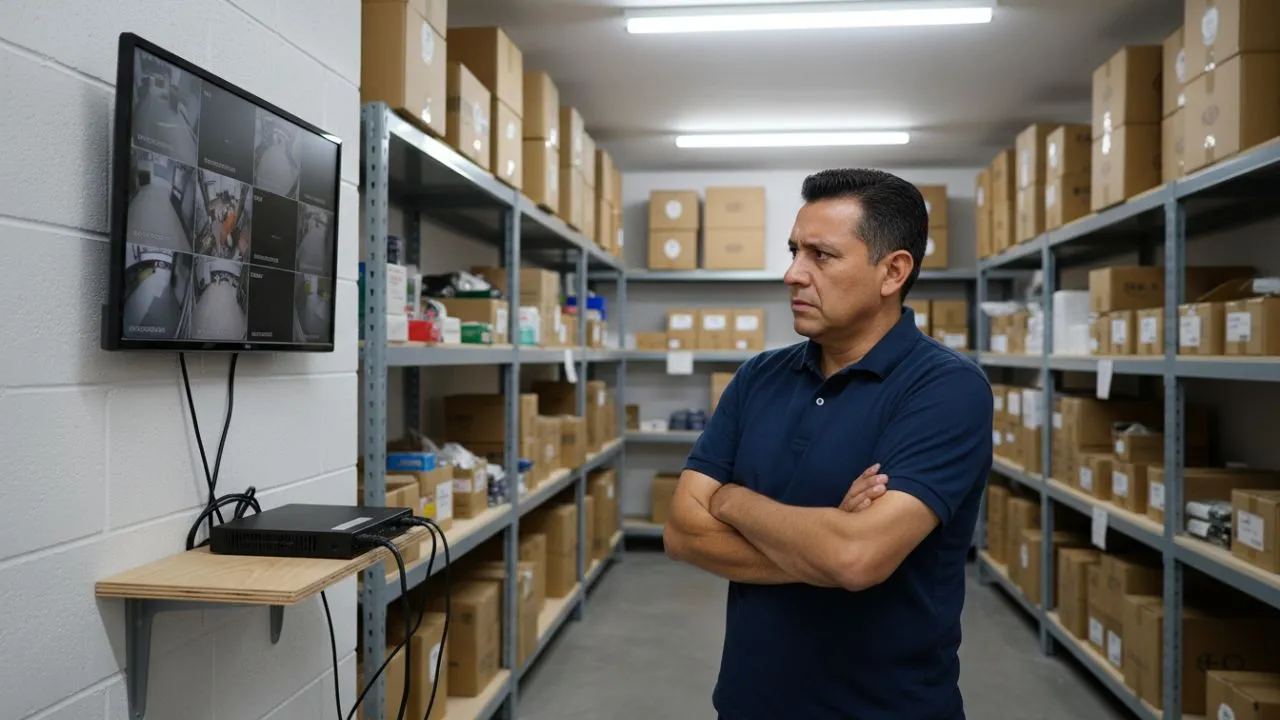 Dueño de negocio observando sus cámaras de seguridad desconectadas en su almacén después de un corte de luz