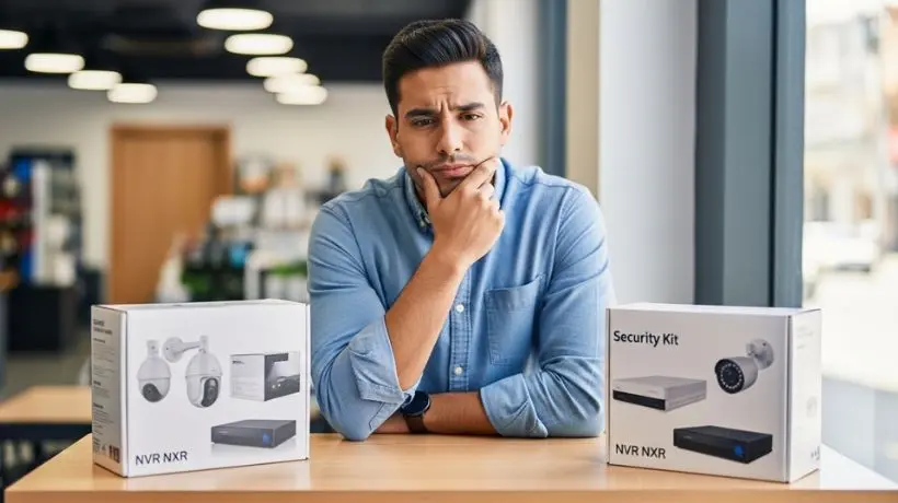 ¡Quedó perfecta la imagen! Para el texto alternativo y título en WordPress pon esto: Texto alternativo (el campo vacío — importante para SEO): Empresario peruano dudando entre kit de cámaras IP y analógico para su negocio