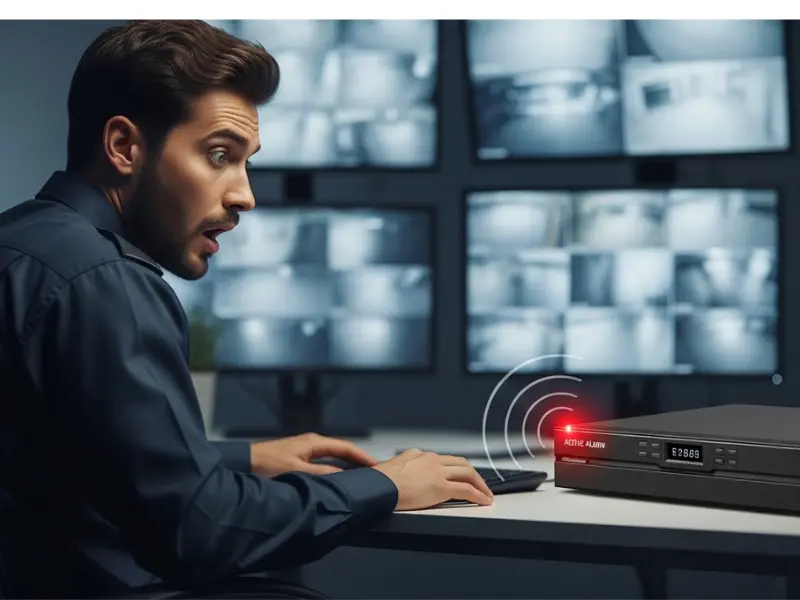 Alarma de disco duro en NVR Hikvision - sistema de videovigilancia con alerta activa en oficina