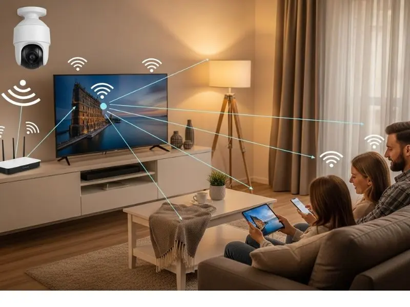 Sistema de cámaras IP WiFi conectadas a router de alta cobertura en sala de hogar con múltiples dispositivos