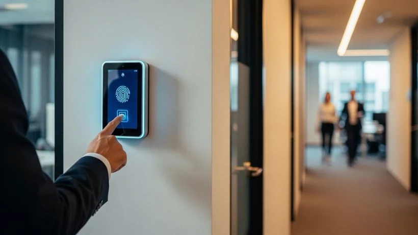 Empleado marcando asistencia con huella digital en terminal biométrico instalado en oficina moderna de empresa peruana