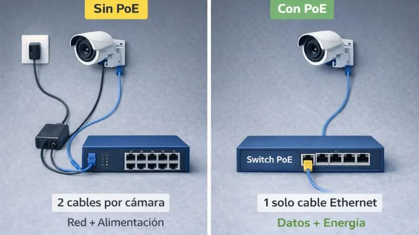 Comparación cámara IP sin PoE 2 cables versus con PoE 1 cable Cat6