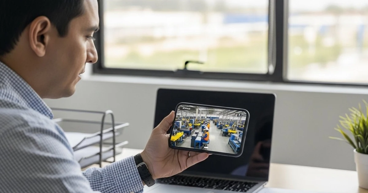 Dueño de fábrica viendo cámaras de seguridad desde el celular en oficina Lima Perú