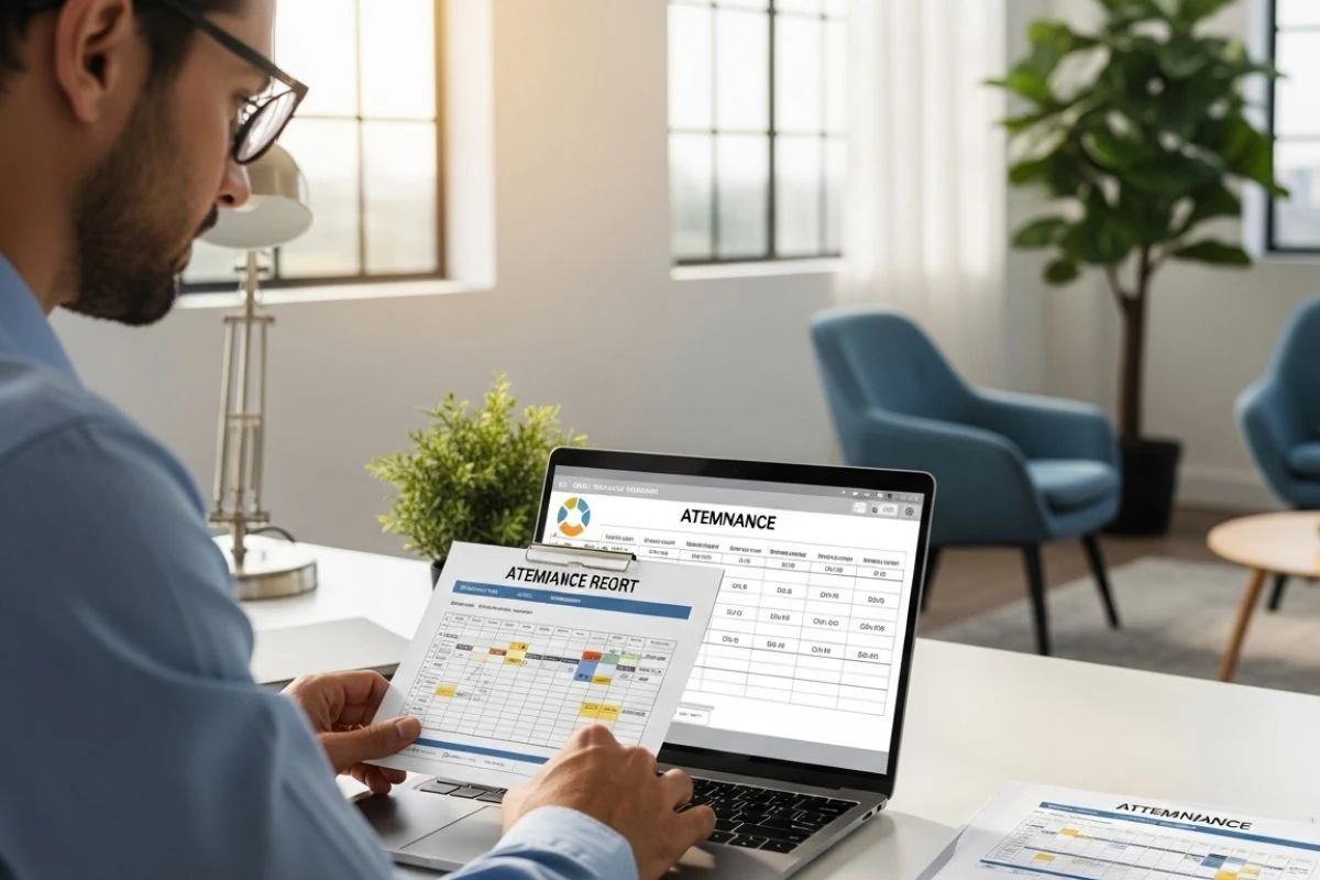 Gerente revisando reporte de asistencia de empleados en laptop, Perú