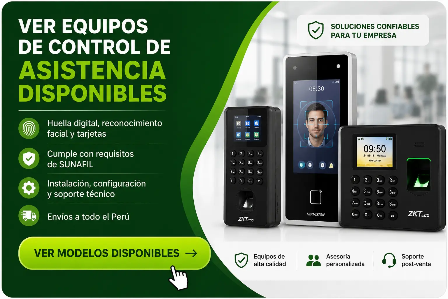 Ver equipos biométricos de huella digital y reconocimiento facial para control de asistencia en Perú