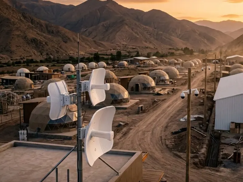 Mástil con antenas Ubiquiti LiteBeam instaladas en proyecto inmobiliario de La Libertad, Perú — sistema de videovigilancia IP con radioenlaces para cobertura de 7 hectáreas sin fibra óptica