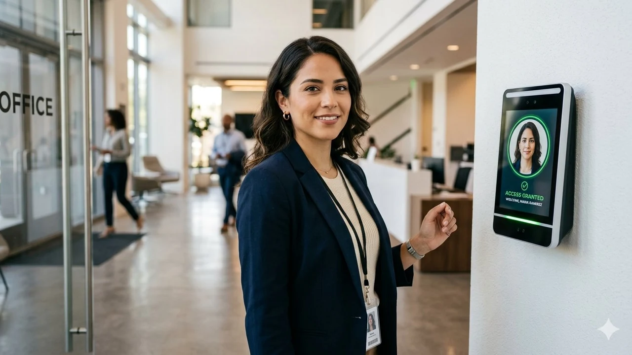 Trabajadora usando sistema de reconocimiento facial para control de acceso en empresa peruana