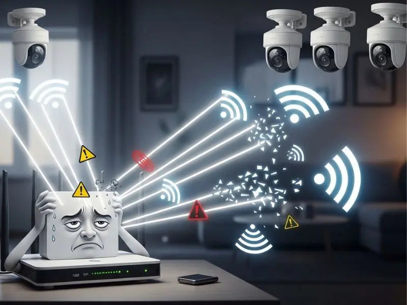 Router WiFi sobrecargado intentando conectar múltiples cámaras IP de seguridad con señal fallando