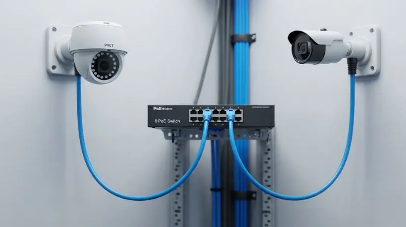 Switch PoE conectado a cámaras IP de seguridad con un solo cable Ethernet por cámara