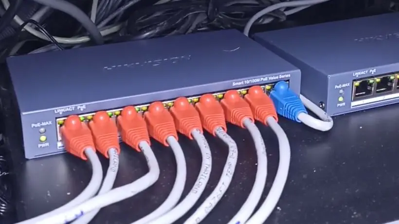 Switch PoE de 8 puertos conectado a cámaras IP con cables de red Cat6