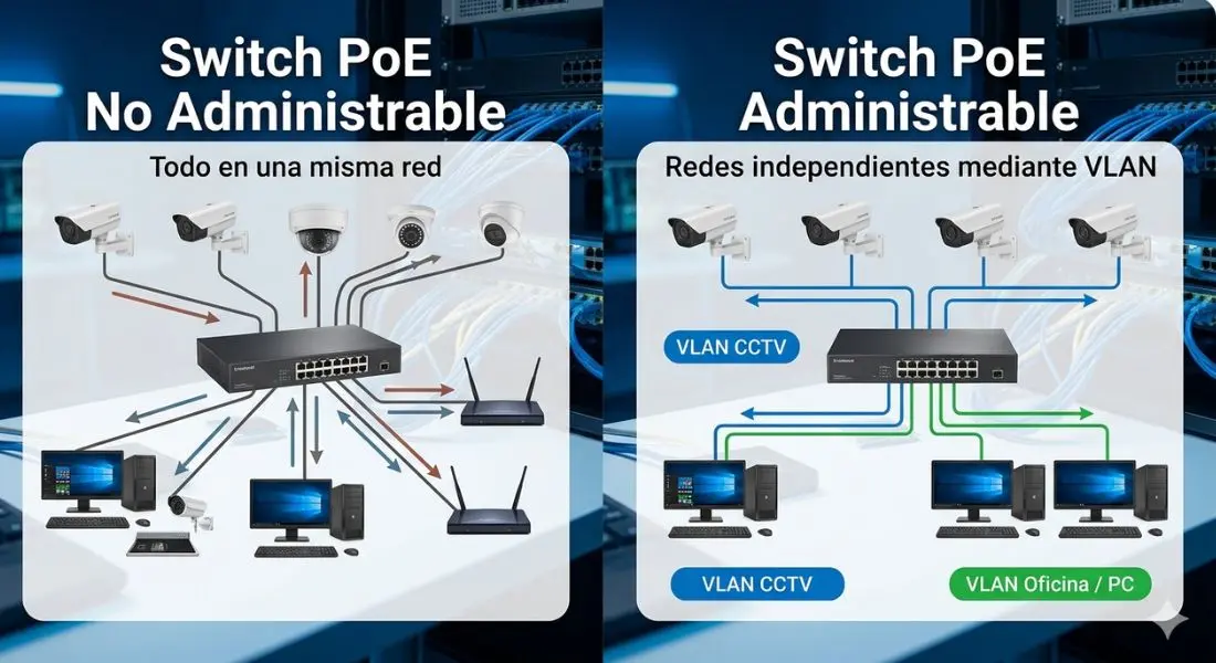 Comparación switch PoE administrable versus no administrable para videovigilancia CCTV