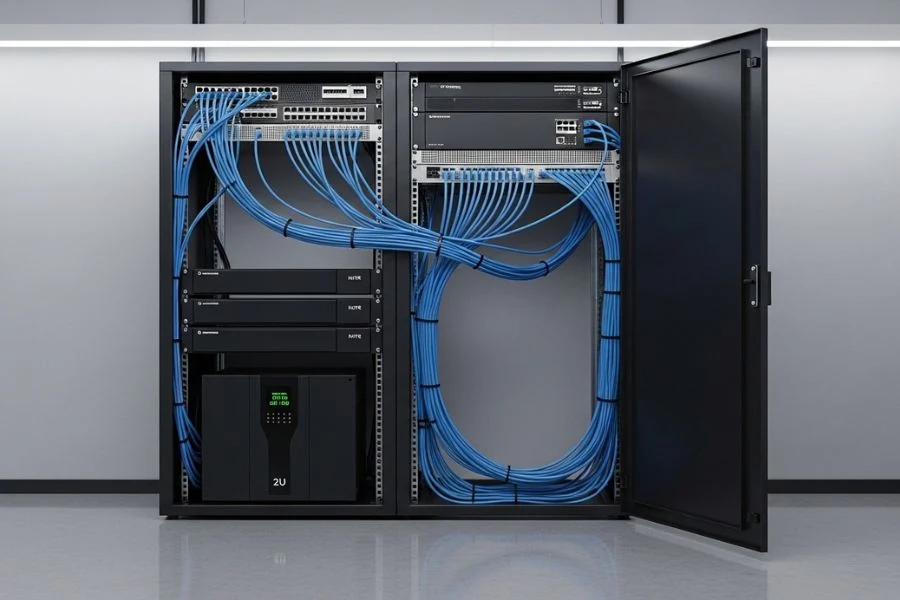 Gabinete de red con UPS, switches PoE y NVR para sistema de videovigilancia empresarial