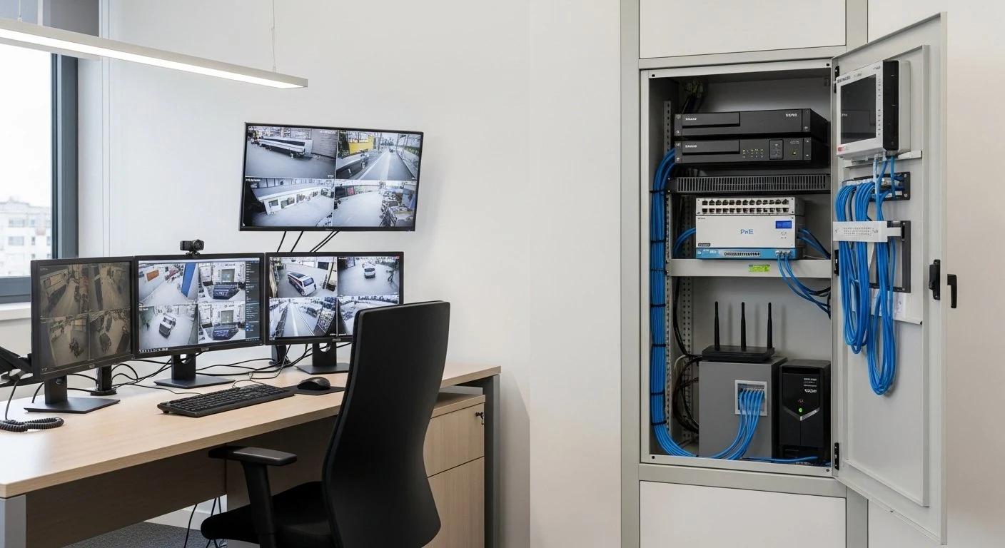 Sala de monitoreo con múltiples pantallas CCTV y gabinete de red con NVR, switch PoE y UPS para videovigilancia empresarial