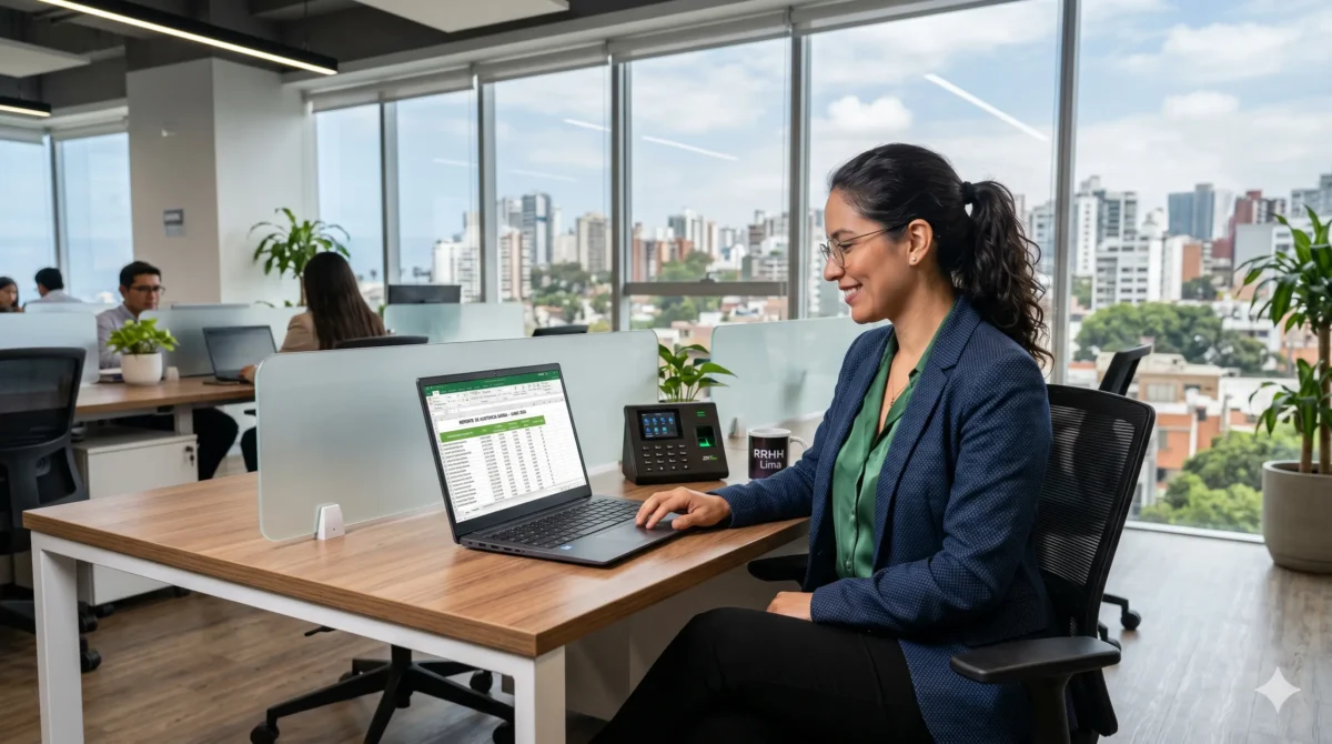 Administrador generando reportes de asistencia de empleados desde software biométrico en computadora de oficina.