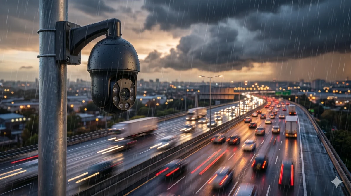Cámara PTZ de seguridad exterior bajo lluvia intensa vigilando autopista con tráfico — protección IP67