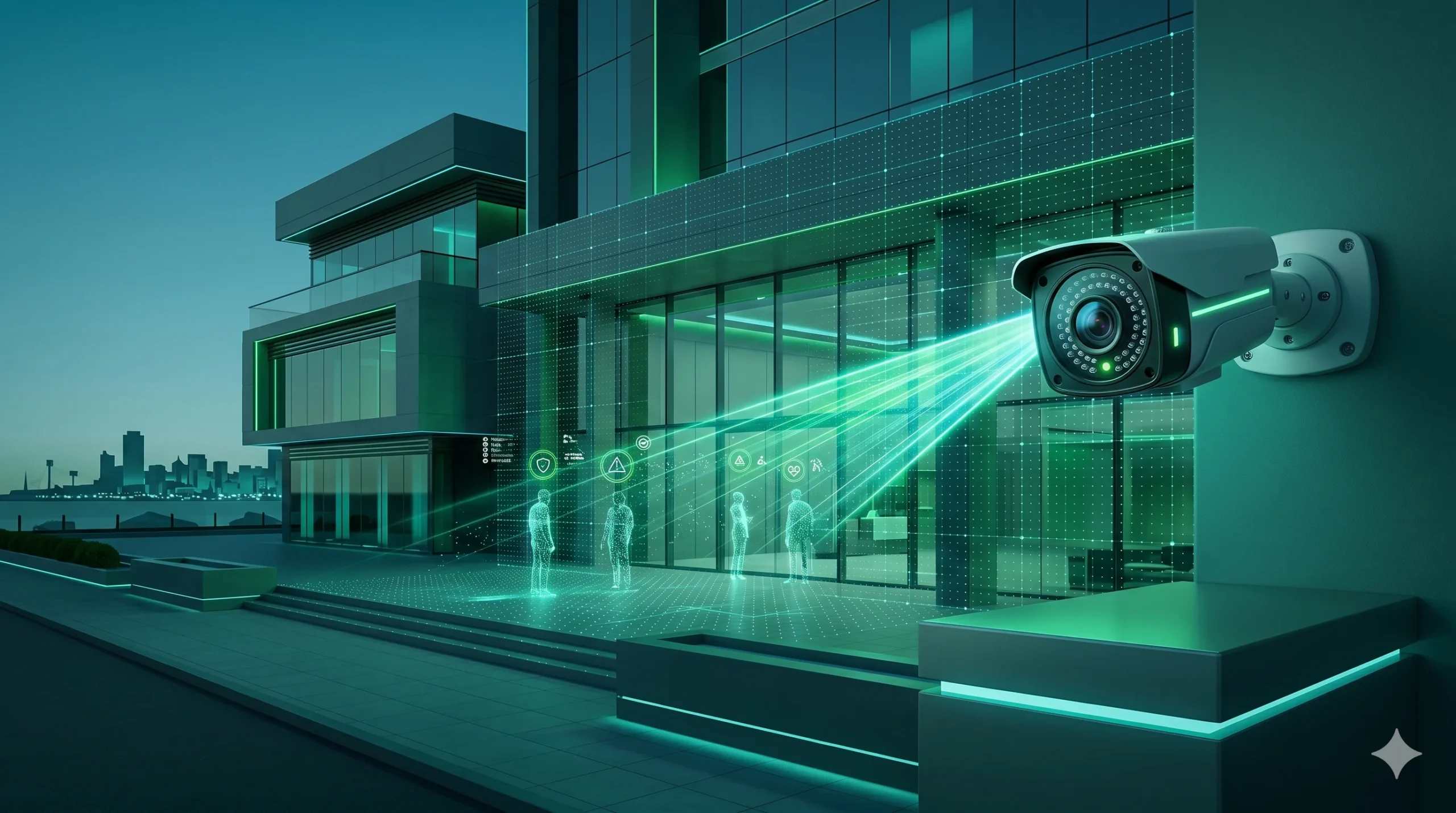 Cámara IP con inteligencia artificial detectando personas en edificio empresarial Lima Perú