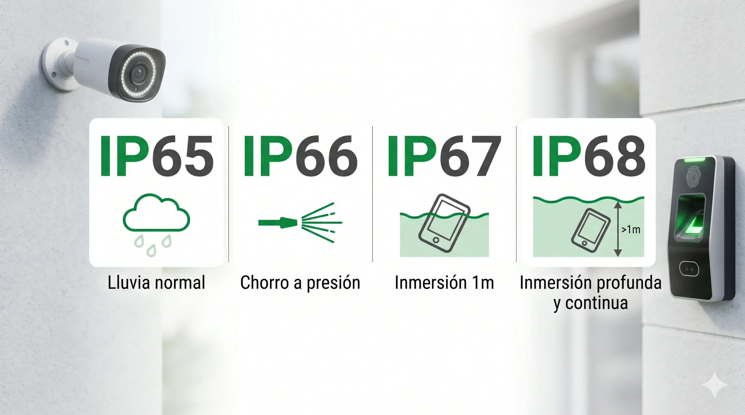 Comparativa visual de protección IP65 IP66 IP67 en cámaras de seguridad y control de acceso