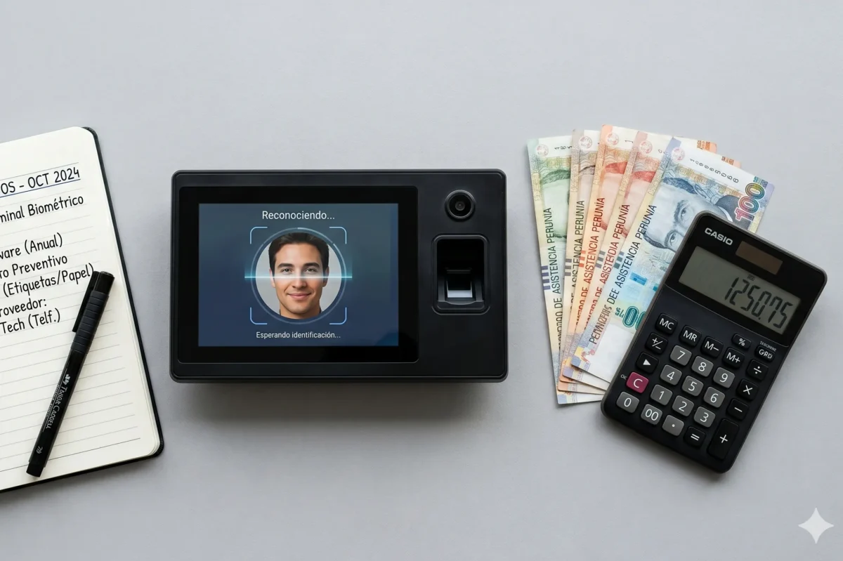 Costo de sistema de control de asistencia biométrico en Perú con terminal facial, calculadora y presupuesto empresarial.