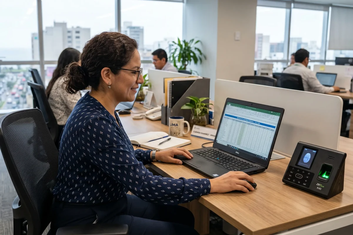 Reporte de asistencia biométrico ZKTeco exportado a Excel en pantalla de computadora Lima Perú