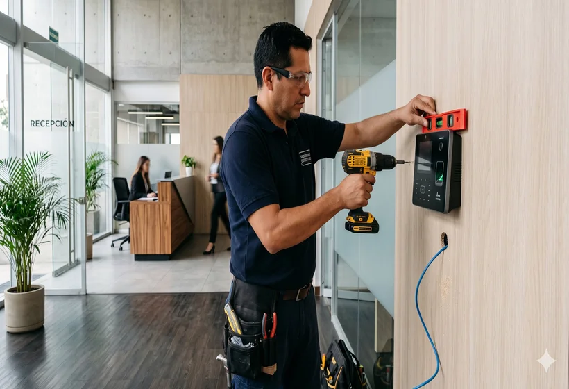Técnico instalando terminal biométrico de control de asistencia en empresa de Lima Perú