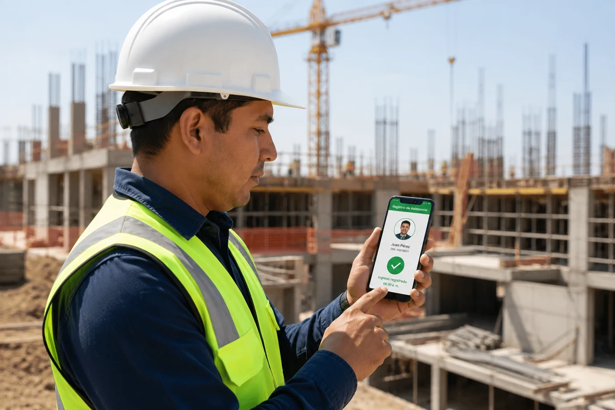 Trabajador de construcción marcando asistencia con app móvil y geolocalización en obra