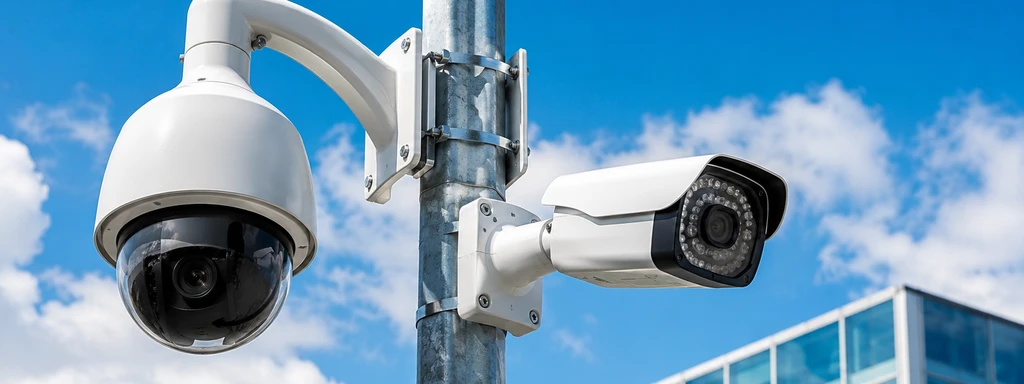 Cámaras de seguridad IP domo PTZ y bala instaladas en poste, edificio corporativo de fondo, Lima