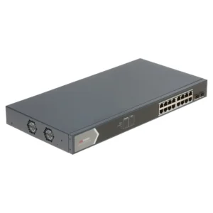 Hikvision DS-3E1518P-SI - switch PoE Gigabit de 16 puertos con 2 puertos de fibra óptica, vista tres cuartos