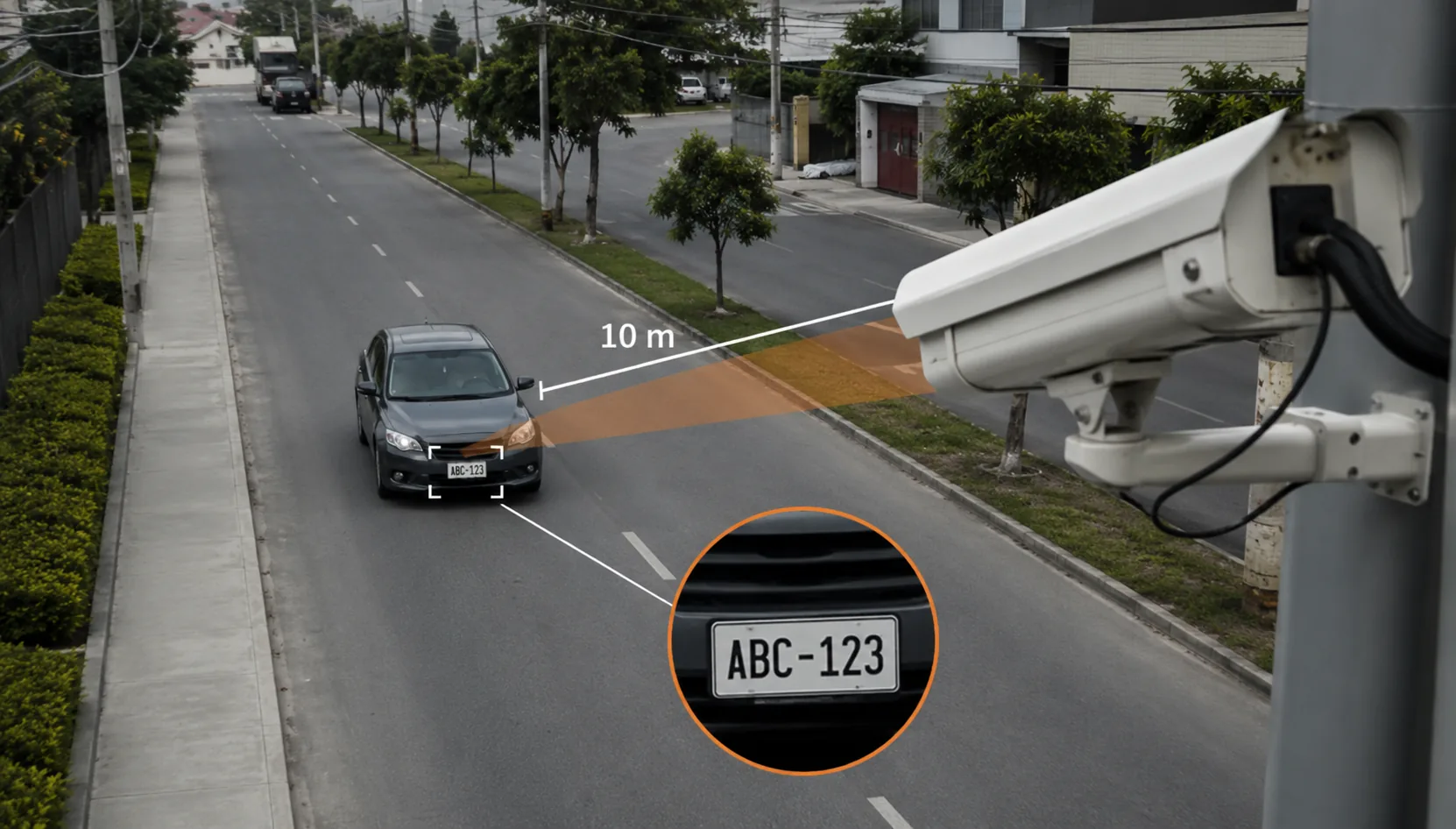 Cámara de seguridad leyendo la placa de un vehículo a 10 metros de distancia con detalle ampliado