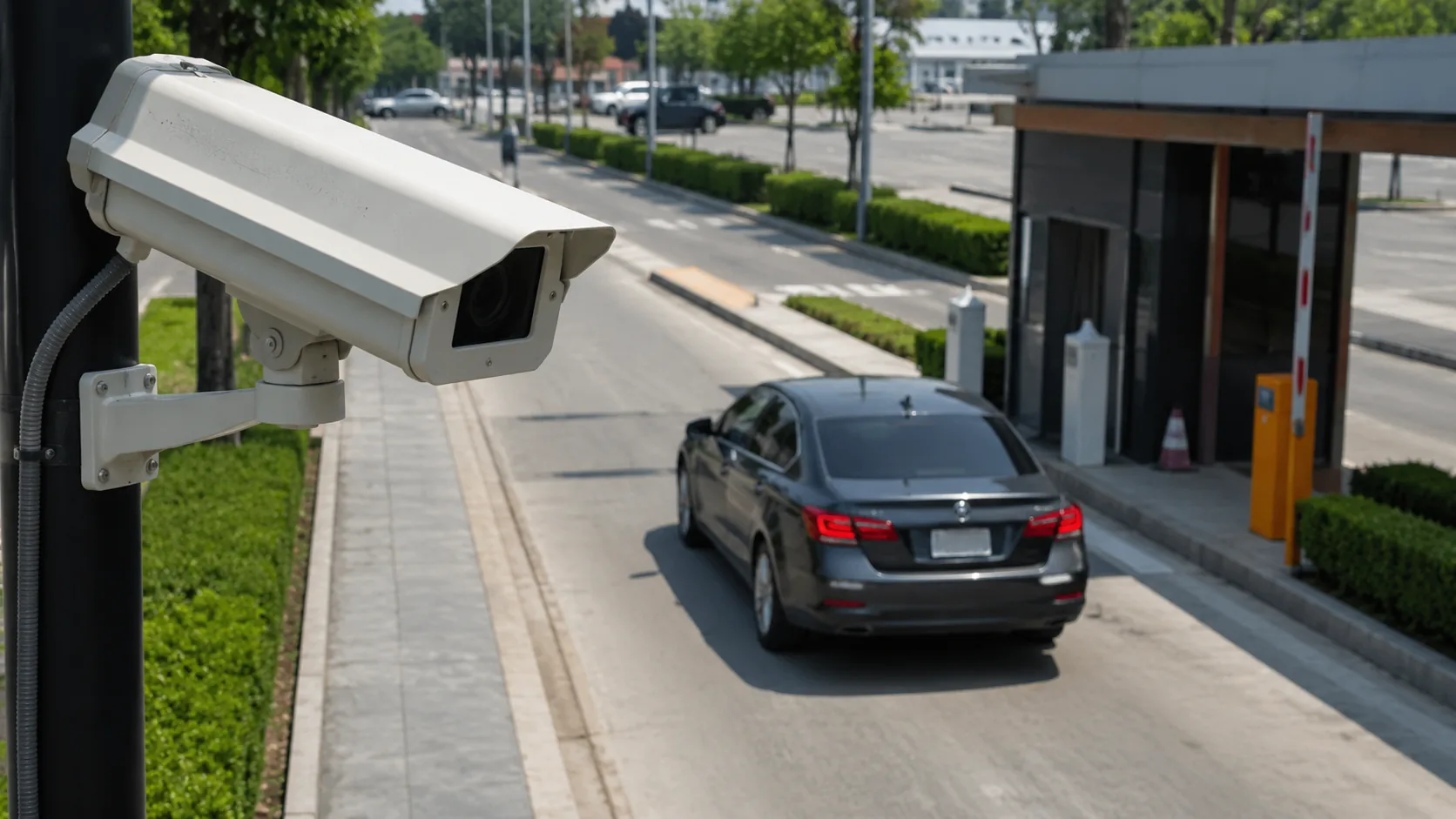 Cámara de seguridad IP instalada en poste vigilando acceso vehicular
