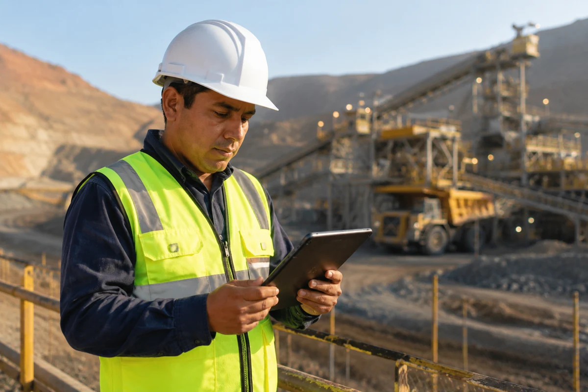 Supervisor revisando reportes de control de asistencia desde una tablet en una operación minera