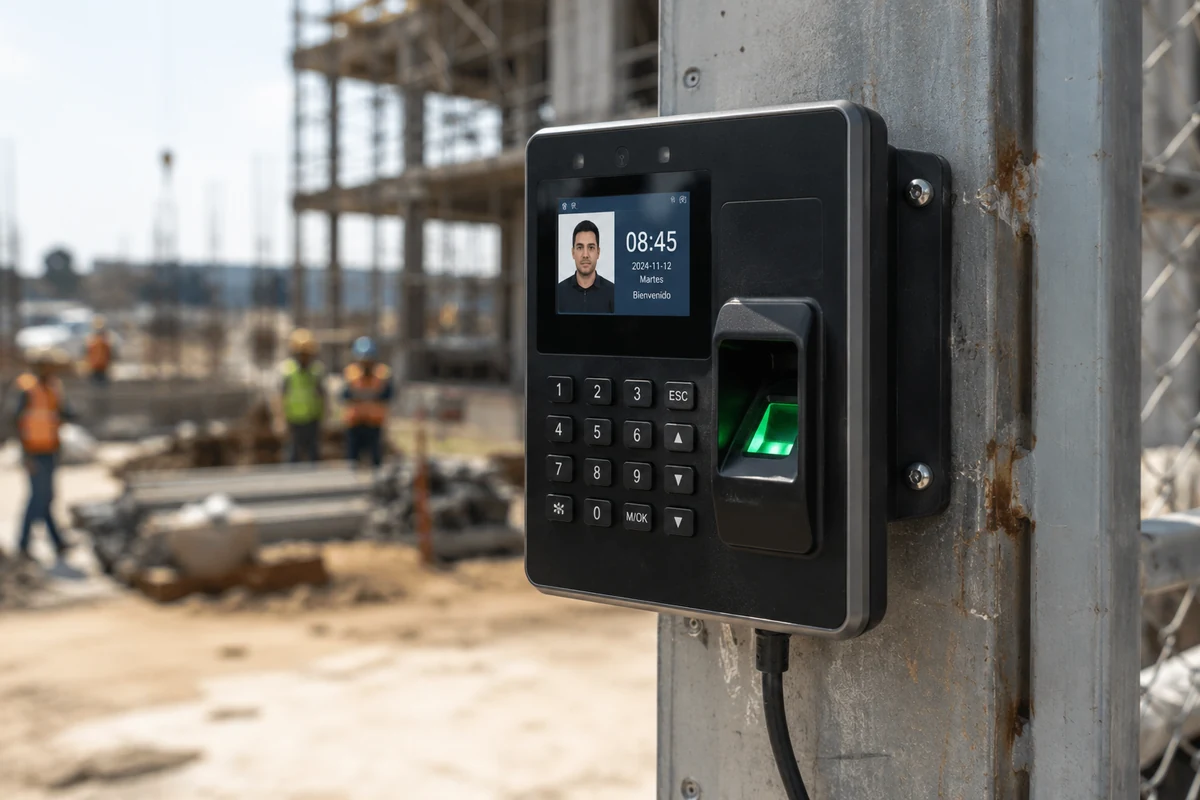Terminal biométrico de huella y rostro instalado en la entrada de una obra de construcción